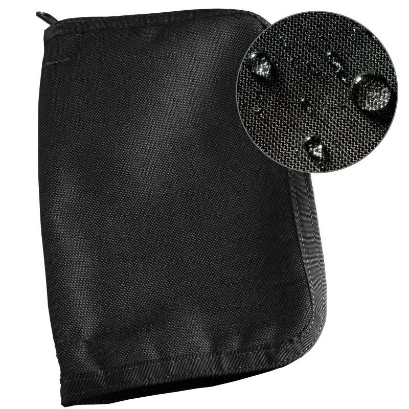 Rite in the Rain black side bound book cover with water droplets showcasing its waterproof material and durable design.